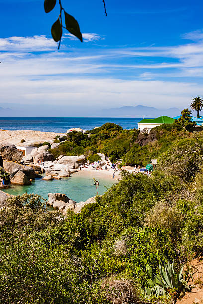 Boulders Beach near Cape Town, South Africa Boulders Beach is a sheltered beach made up of inlets between Granite boulders, from which the name originated. It is located in the Cape Peninsula, near Simon’s Town towards Cape Point, near Cape Town in the Western Cape province of South Africa. It is also commonly known as Boulders Bay. It is a popular tourist stop because of a colony of African Penguins which settled there in 1982. Boulders Beach forms part of the Table Mountain National Park. There are people in the image but are too far away to be recognised. Photo shot in the afternoon sunlight; horoizontal format. Copy space. boulder beach western cape province photos stock pictures, royalty-free photos & images