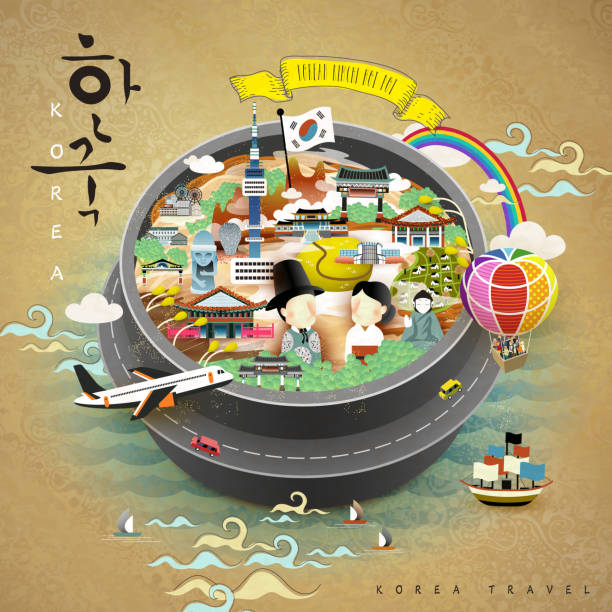 creative Korea poster creative Korea poster with attractions in the pot - Korea written in Korean words korean food stock illustrations