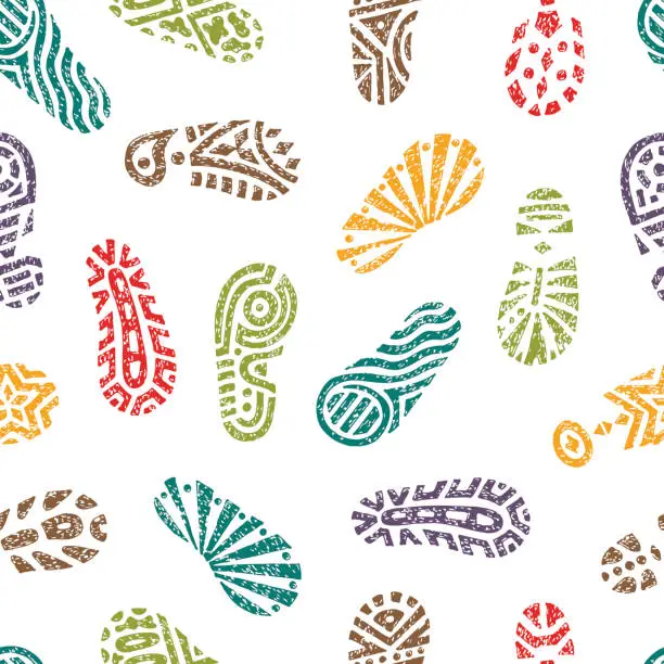 Vector illustration of Grunge footprints Seamless pattern. Hand drawn doodles shoe tracks