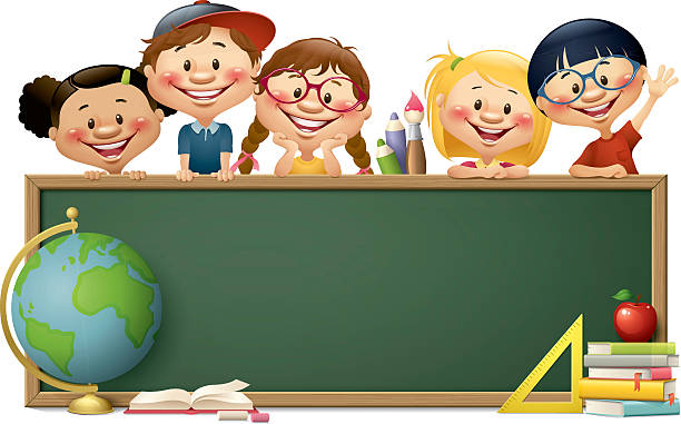 children with blackboard - back to school - 2 or more color gradient used(linear/radial) cartoon kids stock illustrations