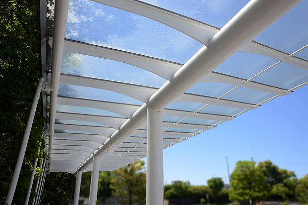 istock Outdoor transparent walkway roof. 576576936