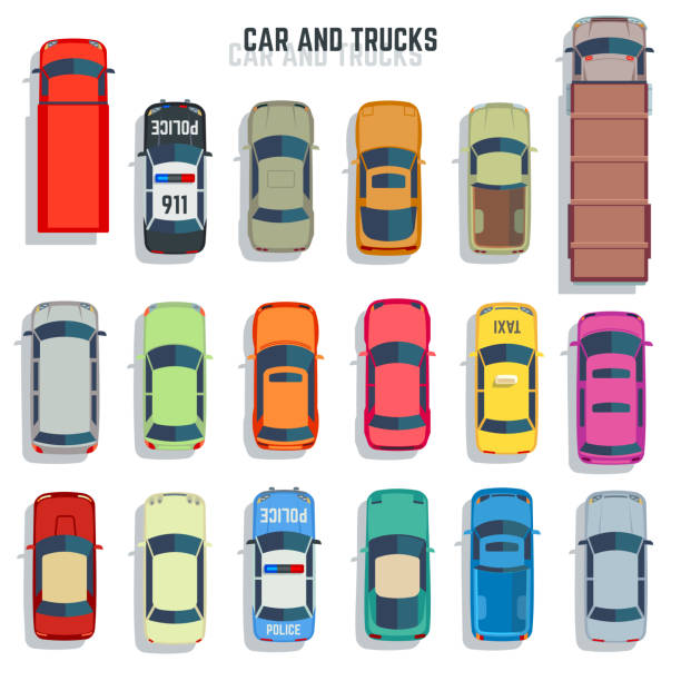 illustrations, cliparts, dessins animés et icônes de voitures et camions vue de dessus icônes vectorielles plates définies - machine part illustrations