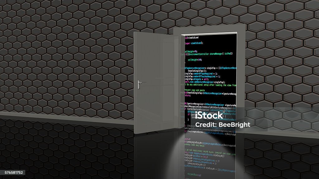 Backdoor to access the code Door in a wall in a black room textured with hexagons leading to a computer code  background 3D illustration backdoor concept Back Door Stock Photo