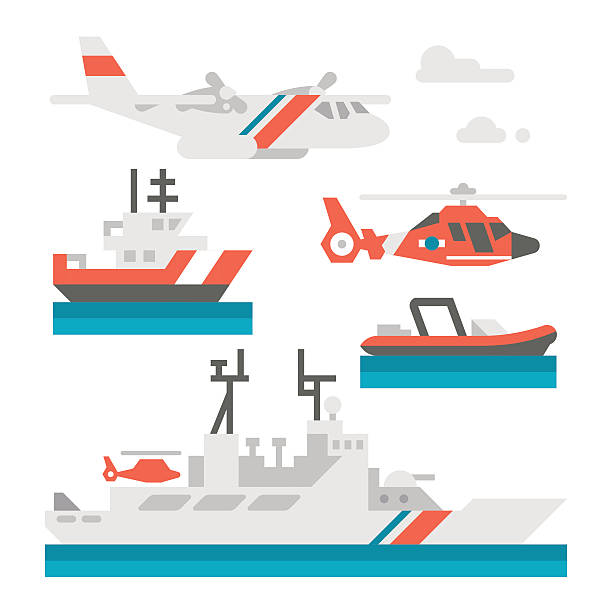 bildbanksillustrationer, clip art samt tecknat material och ikoner med flat design coast guard vehicle - harbour windy