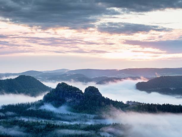 istock Summer sunrise forest after heavy rain. Beautiful mountain within inversion. 576588182