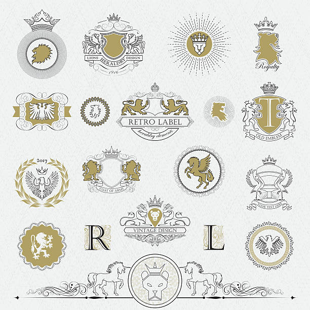 ilustrações, clipart, desenhos animados e ícones de coleção de contornos da heráldica - coat of arms insignia lion nobility