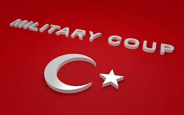 3D rendered signs, turkey flag simbols and write military coup.