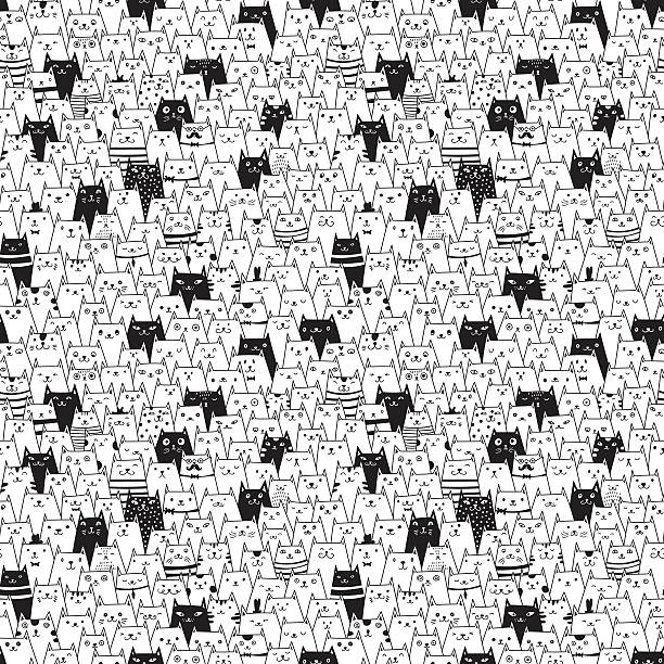 illustrazioni stock, clip art, cartoni animati e icone di tendenza di seamless pattern con gatti carino vettoriale - grande gruppo di animali
