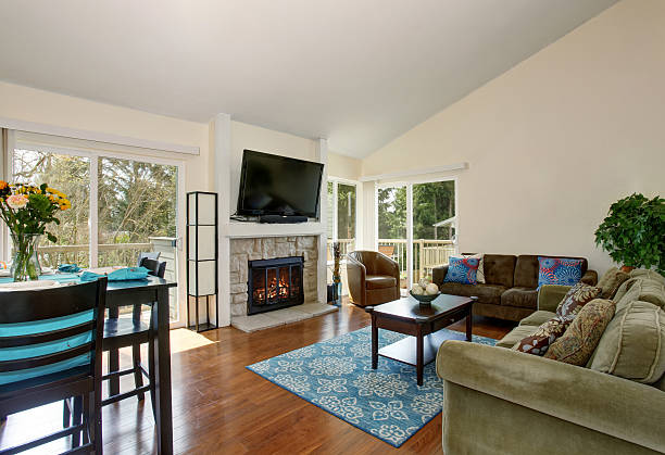 istock Excellent living room with blue rug and fireplace. 576596002