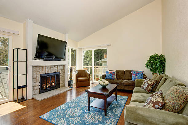 istock Living room with fireplace and blue rug. 576596132
