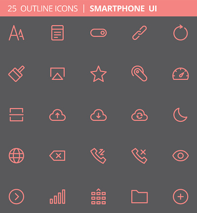 25 pixel perfect (64 x 64) outline icons for smartphone user interface.