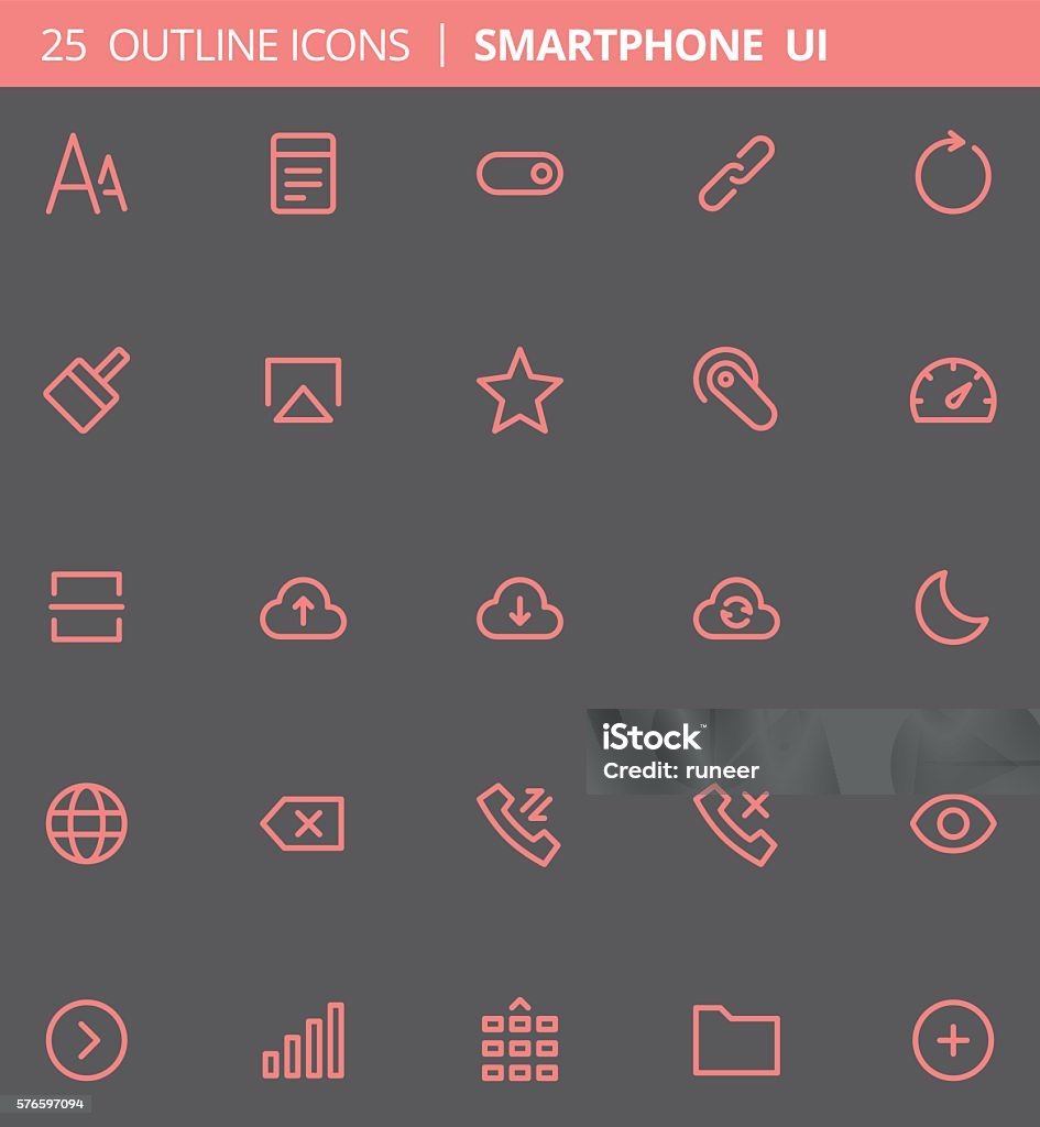 Smartphone UI Outline Icons (Set of 25) 25 pixel perfect (64 x 64) outline icons for smartphone user interface. Arrow Symbol stock vector