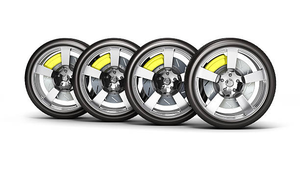 istock Car wheels with brake isolated on white background 3d 576597692