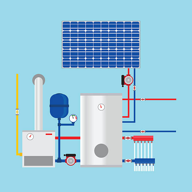 ilustrações, clipart, desenhos animados e ícones de caldeira de gás e painéis solares. casa ecológica. - condensing boiler