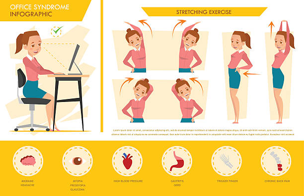 illustrazioni stock, clip art, cartoni animati e icone di tendenza di ragazza ufficio sindrome info grafico e esercizio di stretching - backache pain physical injury sport