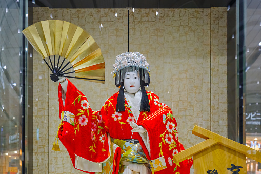 Osaka, Japan - November 22 2015: Japanese traditional puppet used in Bunraku (Japanese puppet play) displayed at Shin Osaka station