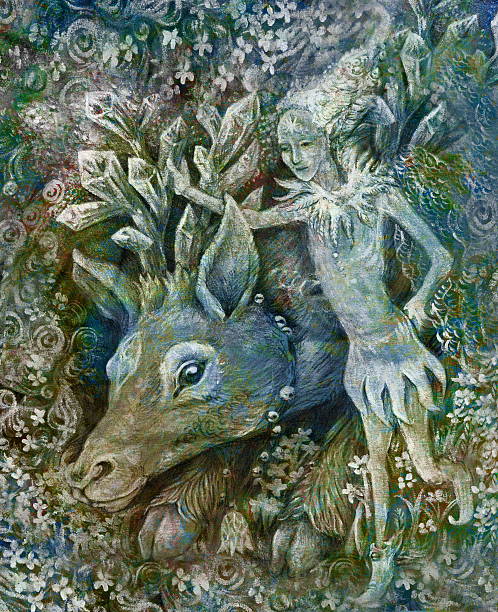 istock little elf with crystal reindeer, colorful illustration 576602556