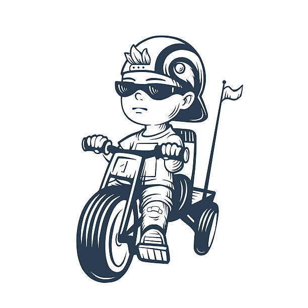 Cool little boy on bike. Cool little boy on bike. Toddler in cap riding tricycle. Vector illustration for t-shirt prints, logos, children products. Coolness. kids tshirt stock illustrations
