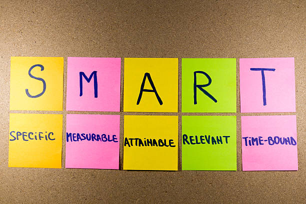 set goals SMART set goals SMART (specific, measurable, attainable, recorded, timely) colorful sticky notes on cork bulletin board intelligence stock pictures, royalty-free photos & images