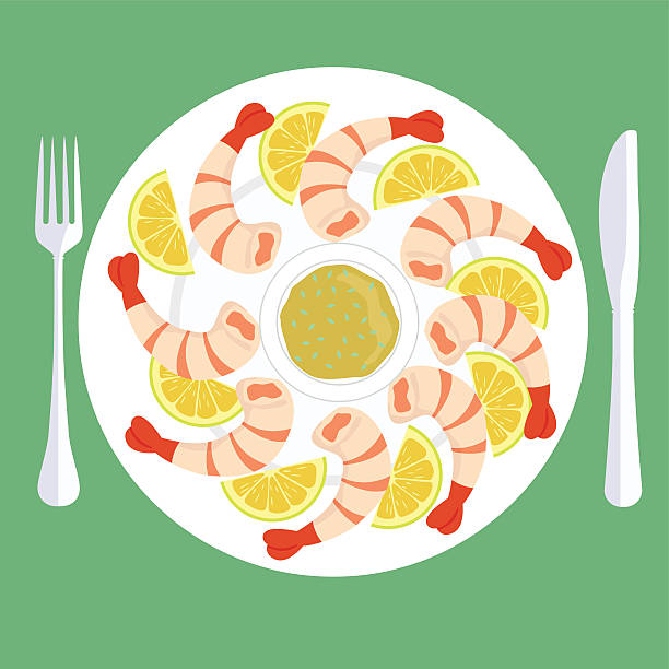 ilustrações, clipart, desenhos animados e ícones de camarão rei frito camarão com limão com molho - thia