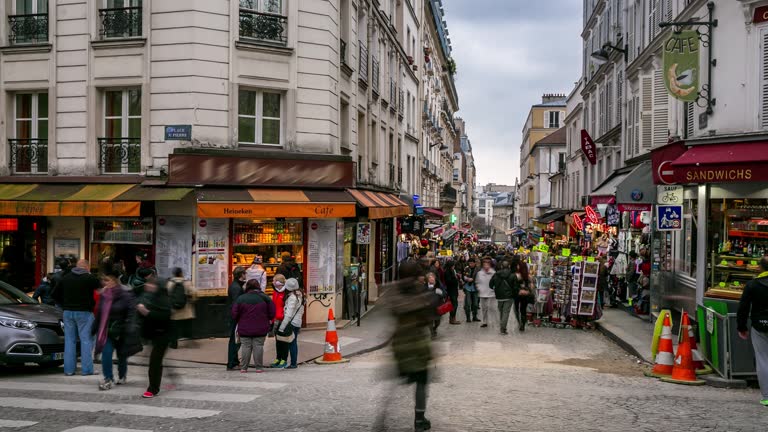 Timelapse: Pedestrians Crowd at shopping street Montmartre, Paris