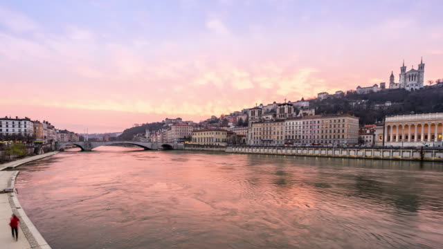 Time-lapse: Our Lady of Fork Saone River Lyon France sunset