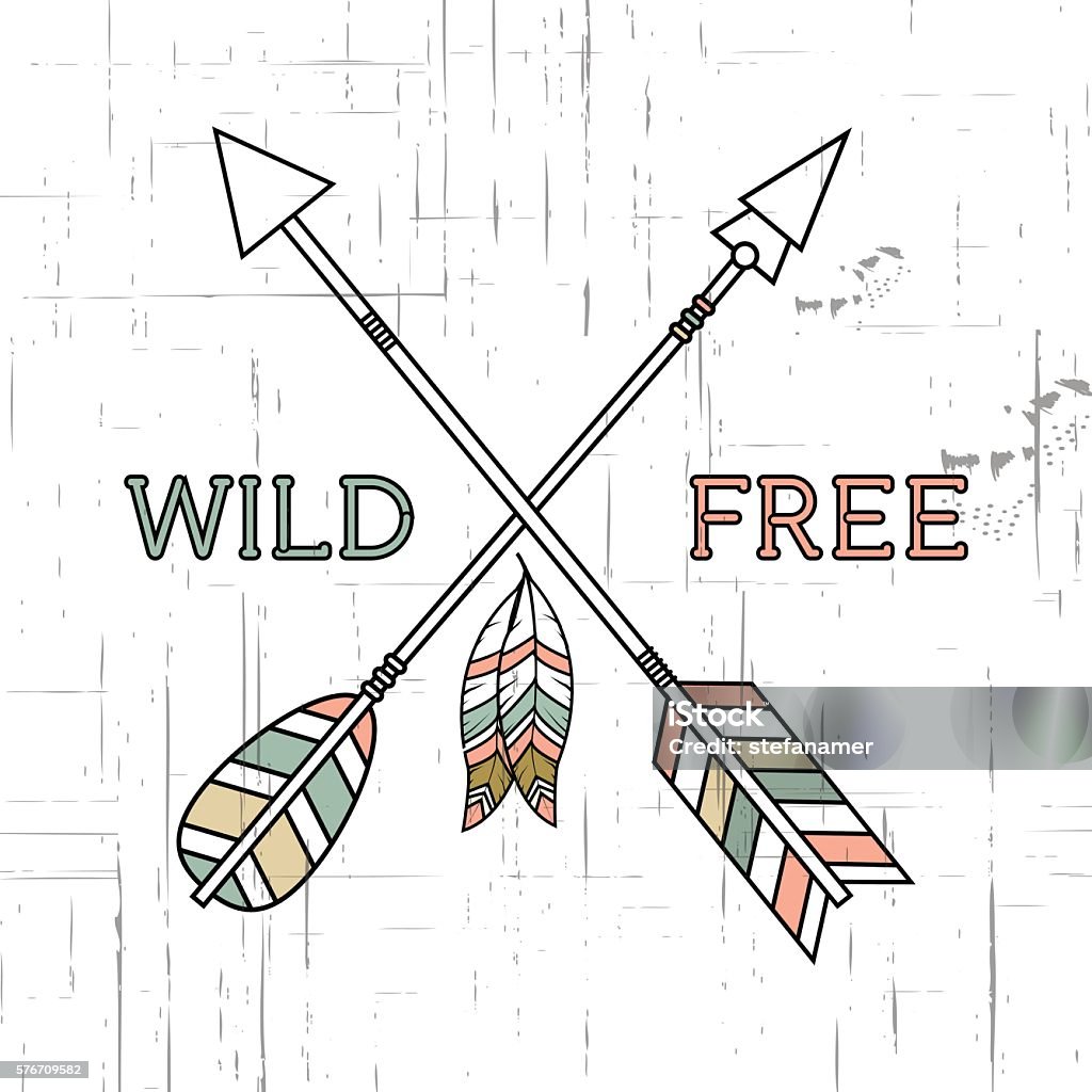 Grunge illustration with crossed ethnic arrows, feathers and tribal ornament. Vector grunge illustration with crossed ethnic arrows, feathers and tribal ornament. Boho and hippie style. American indian motifs. Wild and Free poster. Arrow - Bow and Arrow stock vector