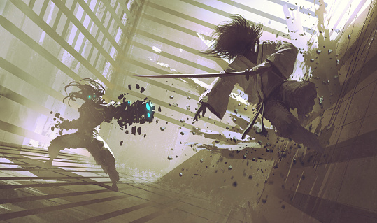 fight between samurai and robot in dojo, sci-fi action scene, illustration,digital painting
