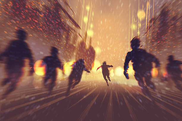 man runing away from zombies man runing away from zombies,burning city in background,illustration,digital painting runaway stock illustrations