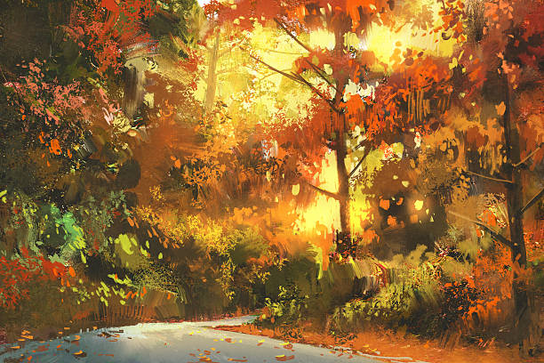 путь через красочный лес, живопись - paintings watercolor painting landscape autumn stock illustrations