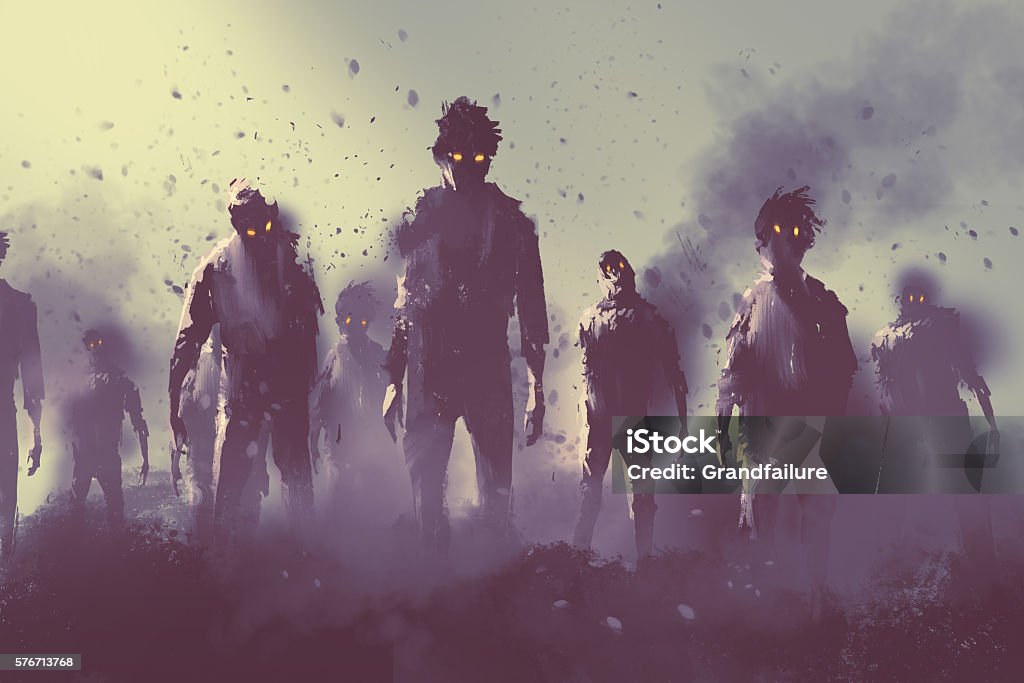 foule zombie marchant la nuit, concept d’Halloween - Illustration de Zombie libre de droits