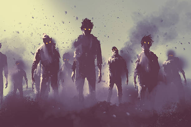 illustrations, cliparts, dessins animés et icônes de foule zombie marchant la nuit, concept d’halloween - apocalypse
