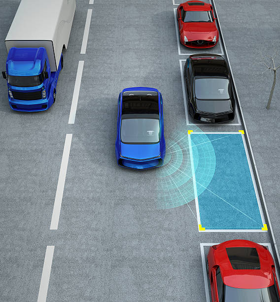 istock Blue electric car driving into parking lot 576715738