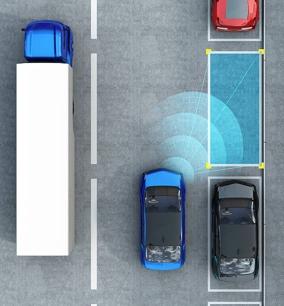 istock Blue electric car driving into parking lot 576715888