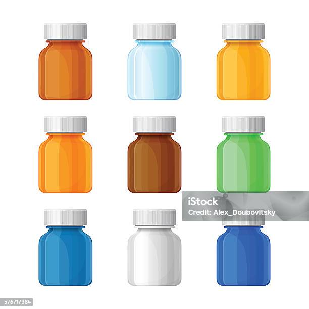 Set Of Vector Medical Bottles In Flat Style Stock Illustration - Download Image Now - Arts Culture and Entertainment, Blue, Bottle