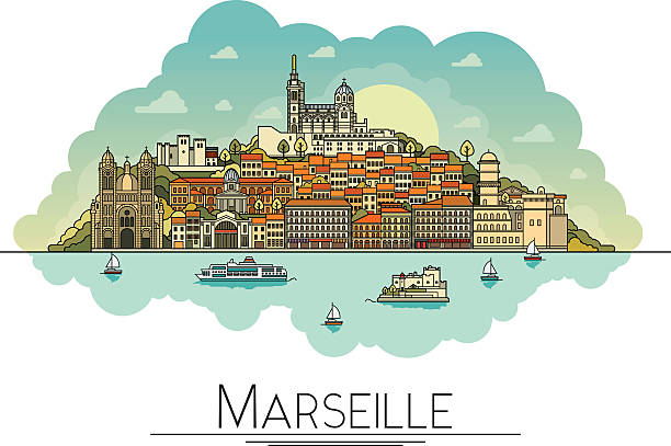 vector line art marseille, france, travel landmarks and architecture icon - notre dame stock illustrations