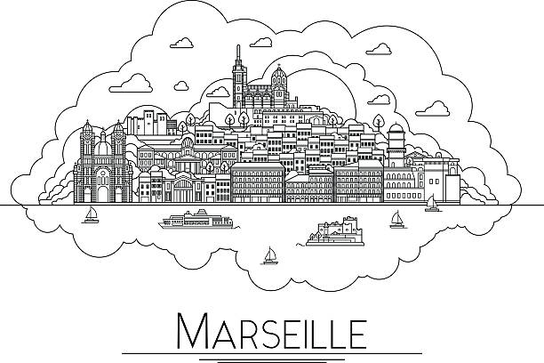 vector line art marseille, france, travel landmarks and architecture icon - notre dame 幅插畫檔、美工圖案、卡通及圖標