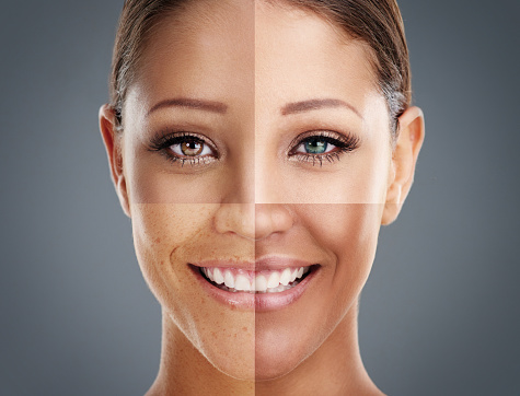 Composite shot of a woman's face made up of different skintones