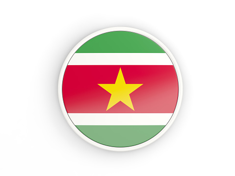 Flag of suriname. Round icon with white frame.3D illustration