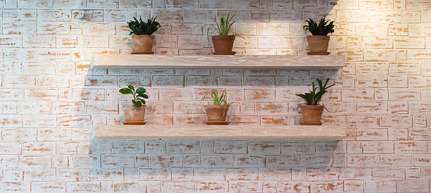 istock Room interior with stone wall and green plant on shelf 576720178
