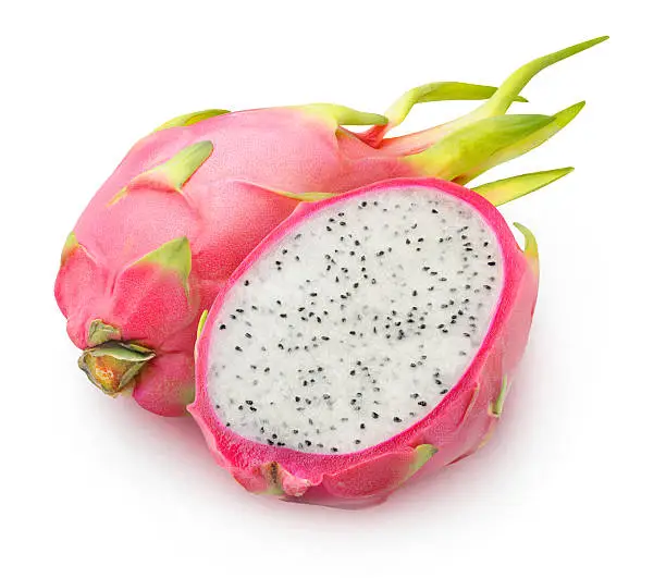 Isolated dragonfruits. One and a half dragon fruit (pitaya) isolated on white background with clipping path