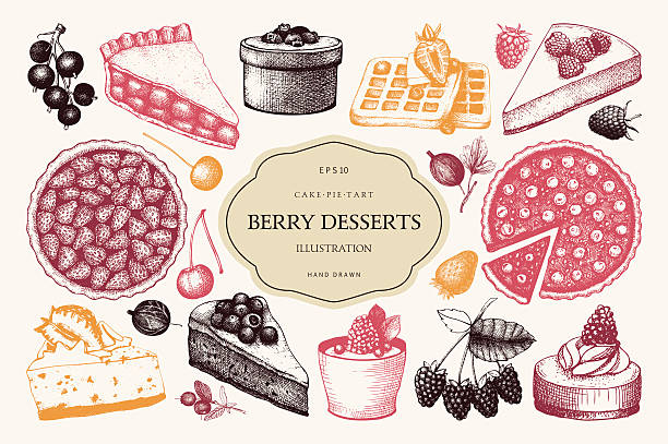 vintage zestaw ozdobnych jagód deser szkic - berry fruit currant dessert vector stock illustrations