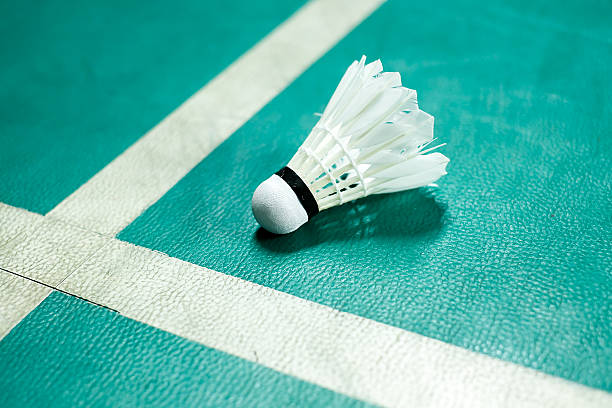 istock Shuttlecock on badminton court 576723378