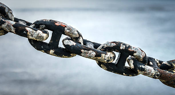istock Old rusty anchor iron ship chain in sea port. 576723962
