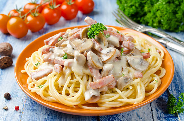 istock Spaghetti with Bechamel sauce, mushrooms and bacon 576724598