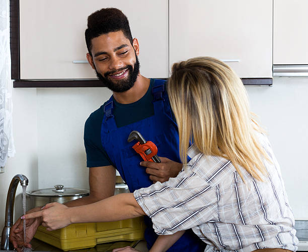 istock Satisfied girl thanking black professional plumber 576724758