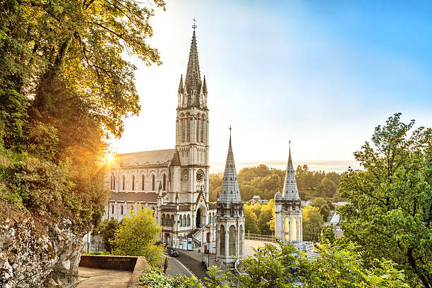 Rosary Basilica on sunset in Lourdes stock photo