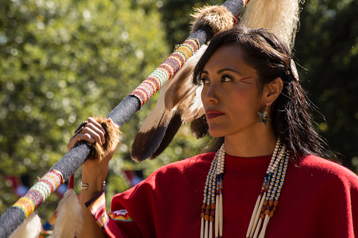 Anadarko, Oklahoma, U.S.A. - October 11, 2015: Woman dancing at the Kiowa Blackleggings Warrior Society Pow-wow.