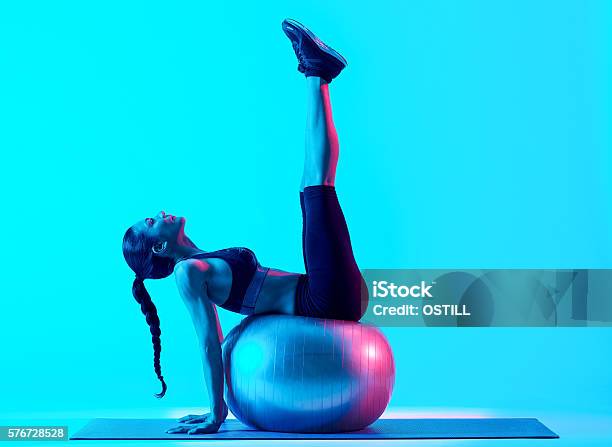 Woman Fitness Pilates Exercices Isolated Stock Photo - Download Image Now - Pilates, Sports Ball, Fitness Ball