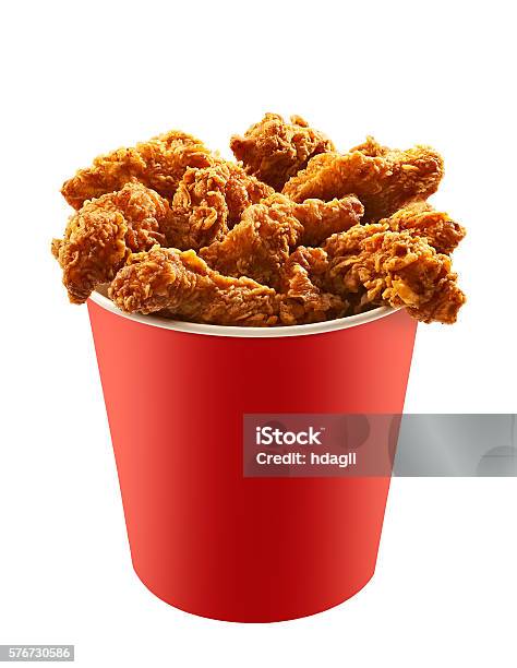 Red Bucket Of Fried Chicken On White Background 2 Stock Photo - Download Image Now - Bucket, Fried Chicken, Chicken - Bird